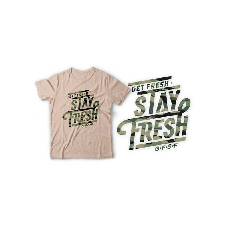 Fitted Men's White/Cream/Orange/Neon Green T-Shirt with Camo Design
